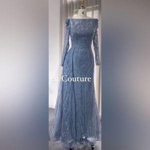 Modest Blue long sleeve long dress with side skirt